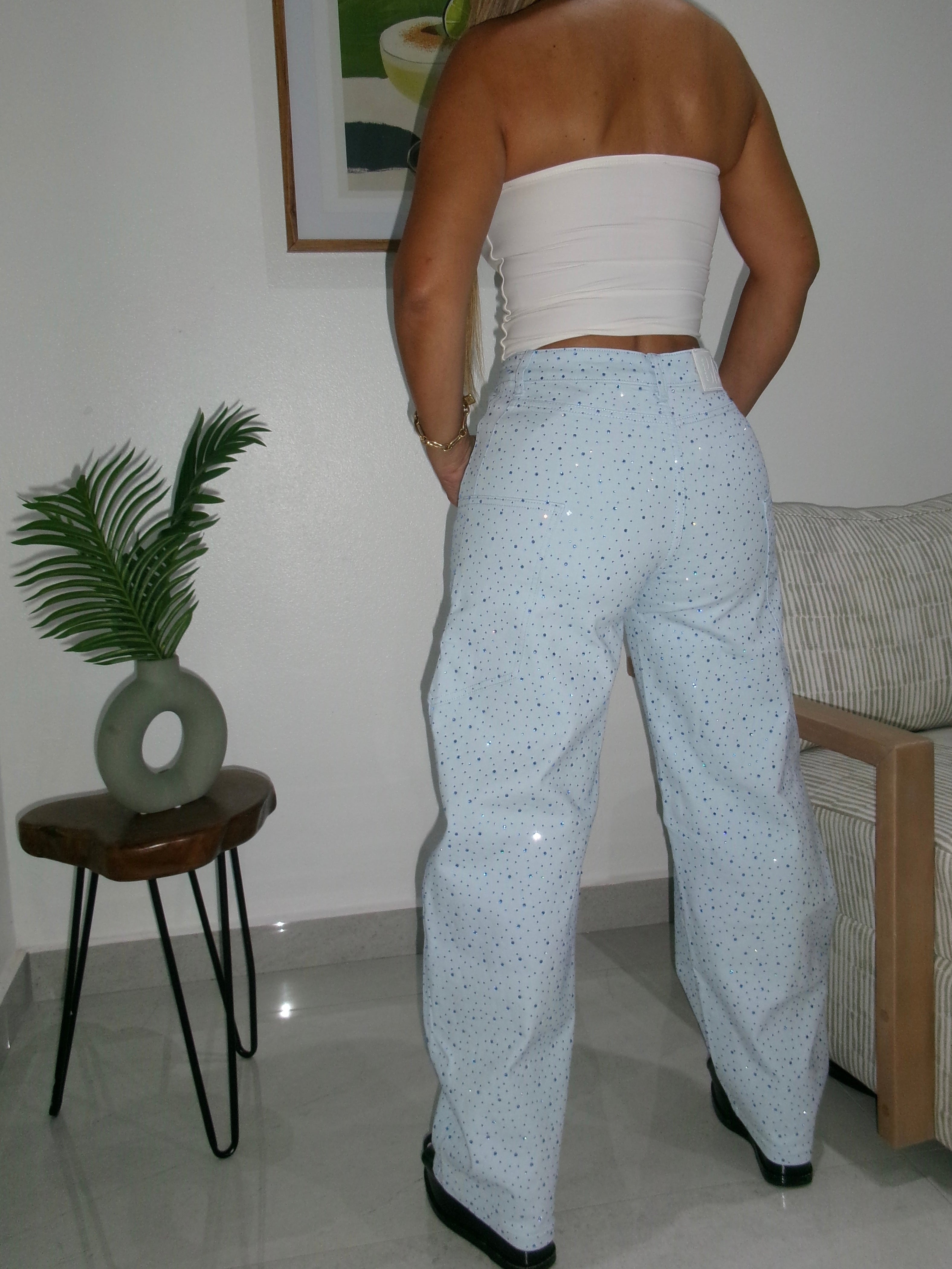 Blue Rhinestone Barrel Jean