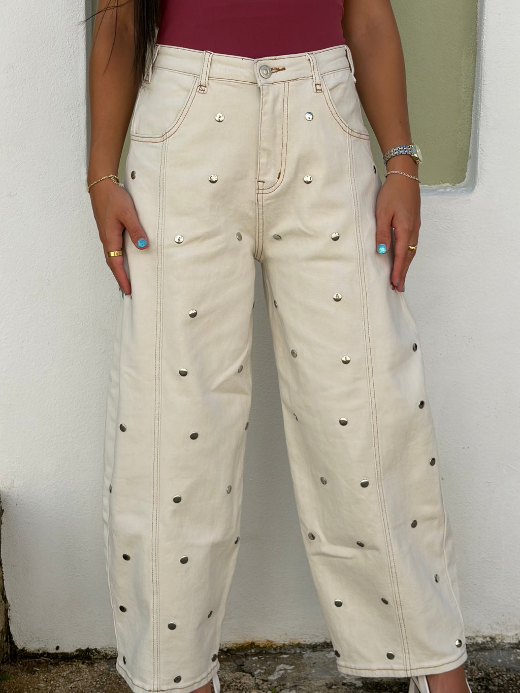 Beige Studded Barrel Jeans