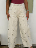 Beige Studded Barrel Jeans