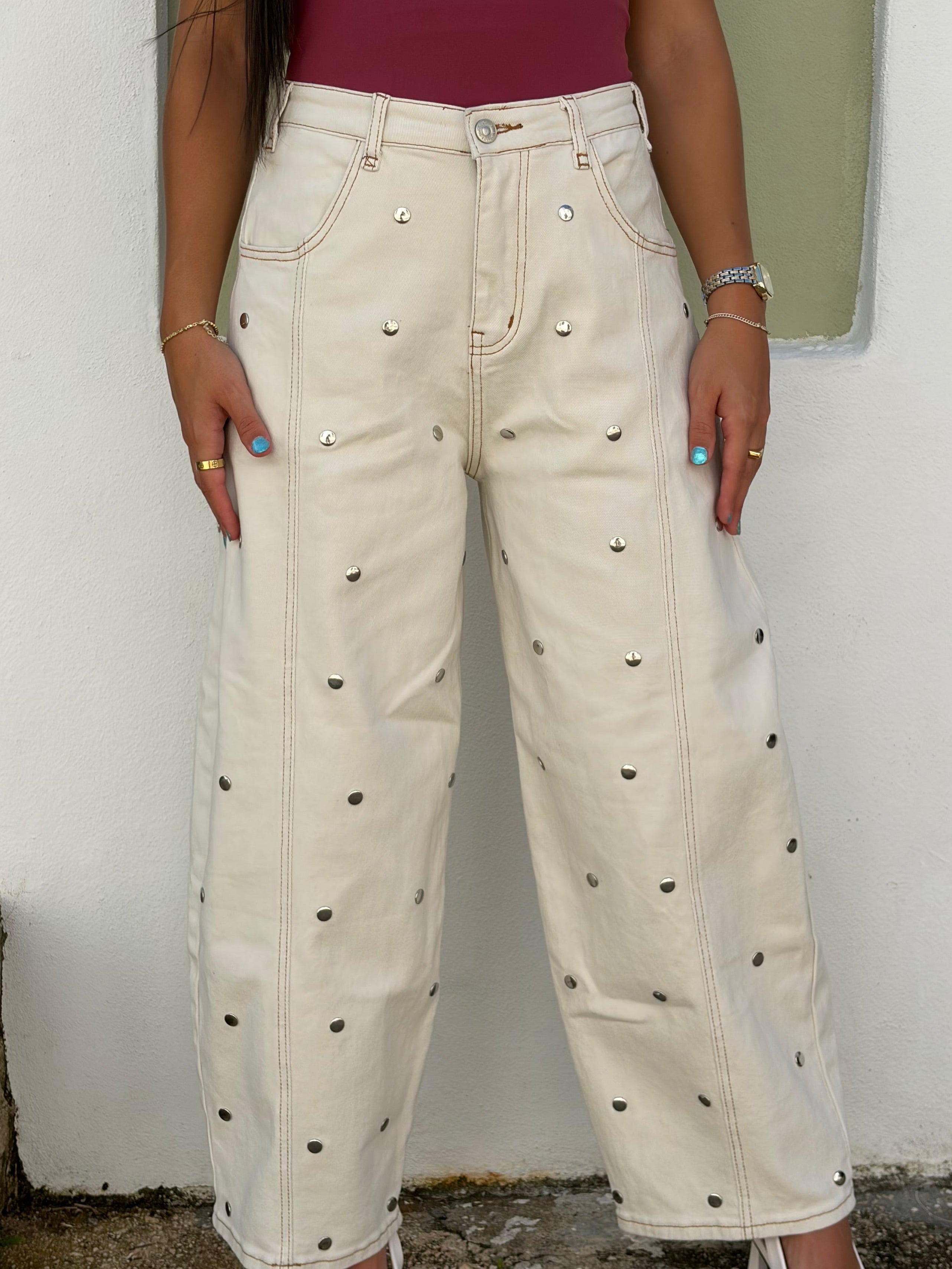 Beige Studded Barrel Jeans