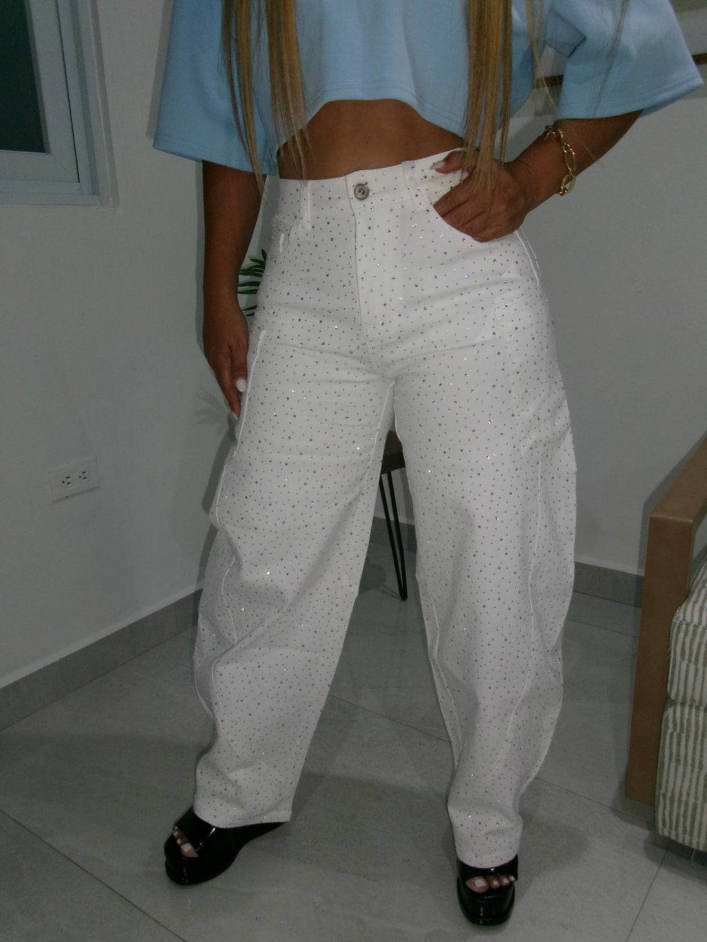 White Rhinestone Barrel Jean