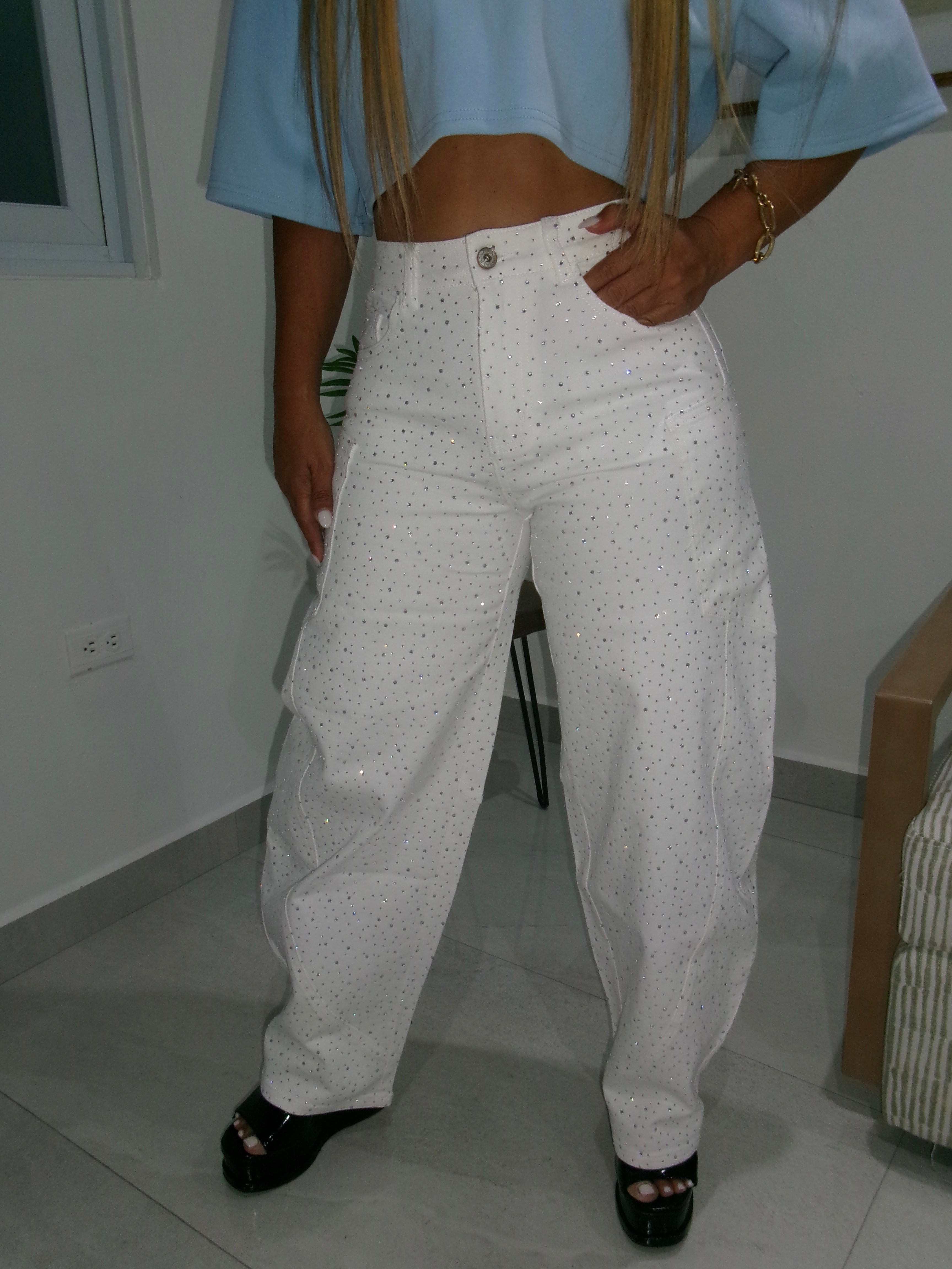 White Rhinestone Barrel Jean