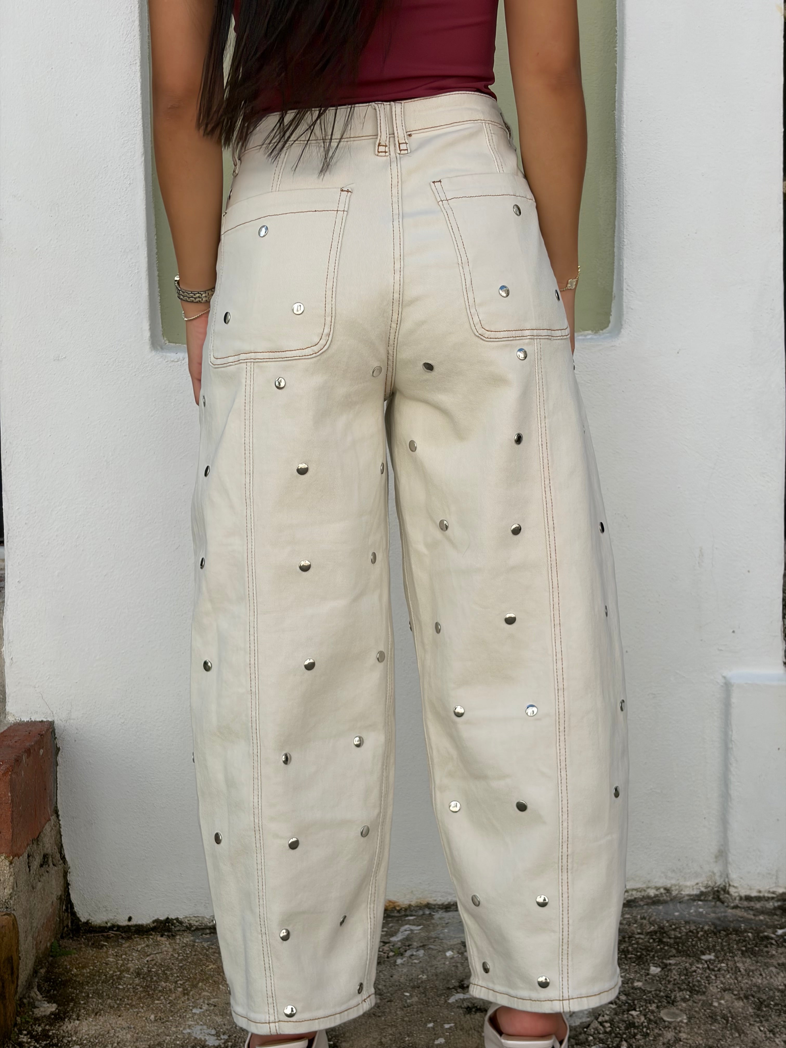 Beige Studded Barrel Jeans