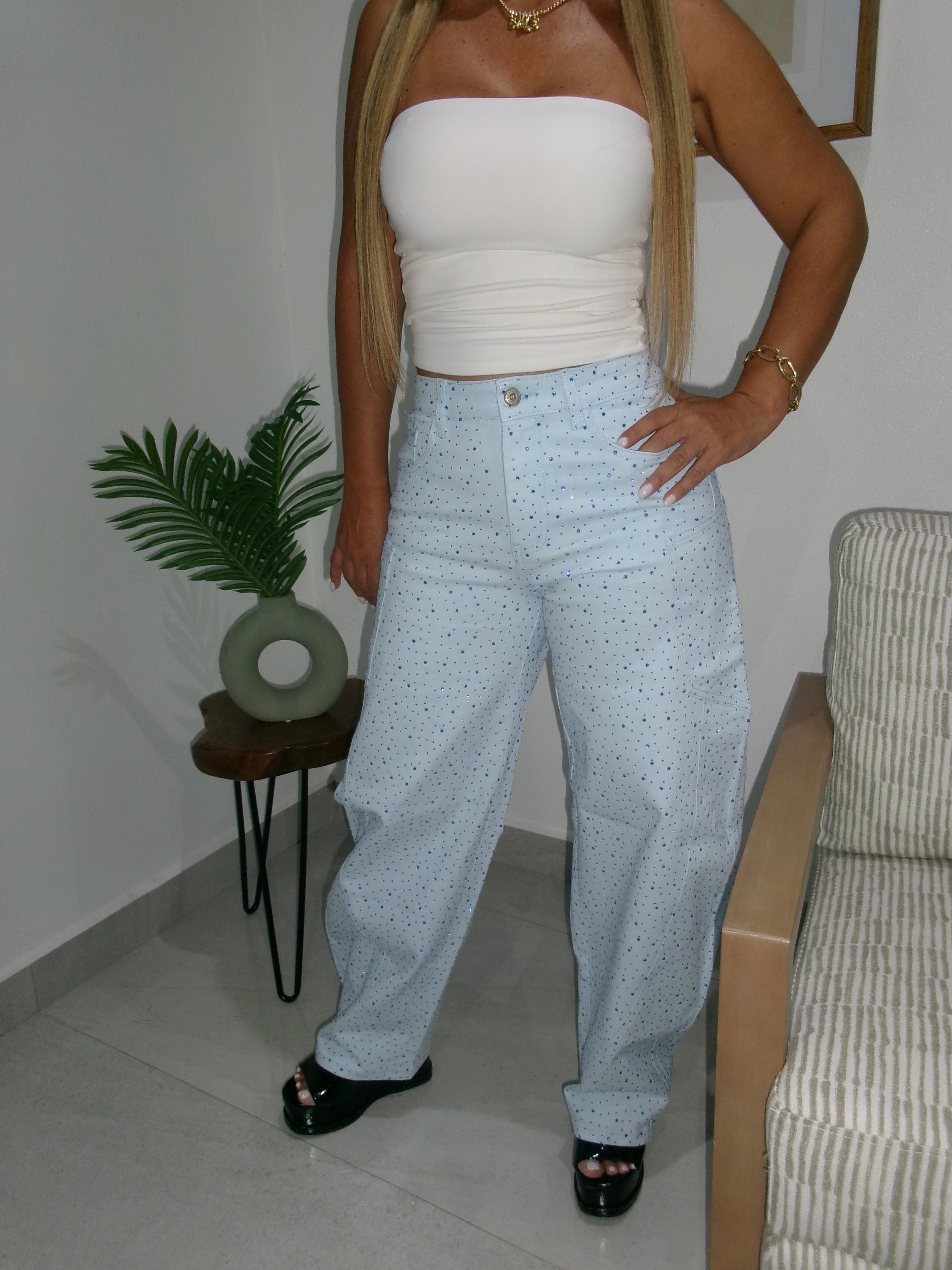 Blue Rhinestone Barrel Jean
