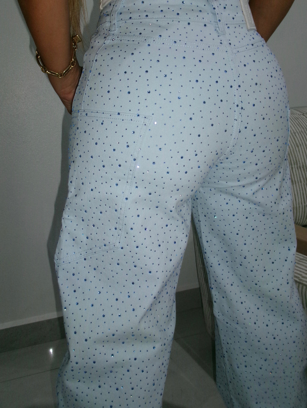 Blue Rhinestone Barrel Jean
